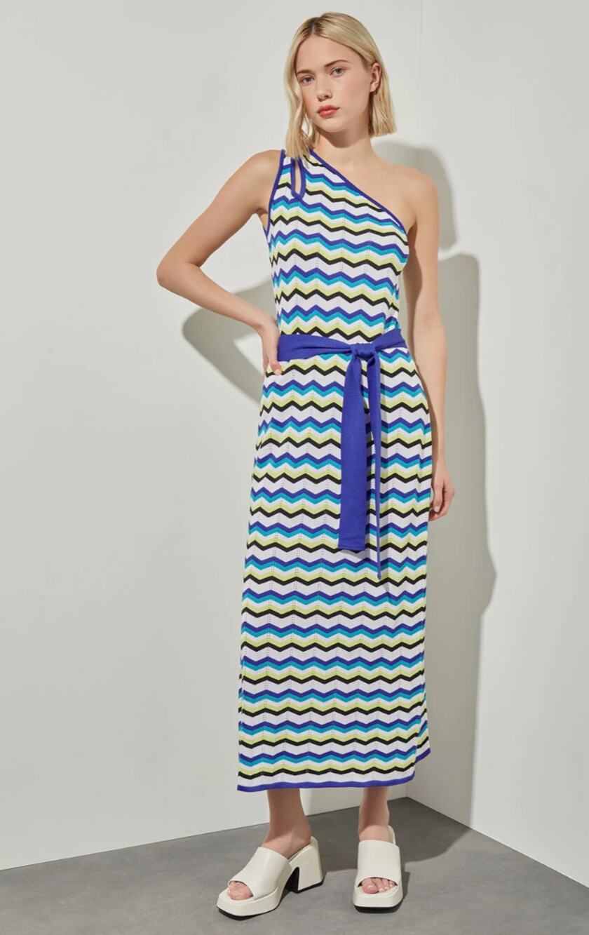 Ming Wang Modern Fit One Shoulder Column Maxi Dress Chevron Soft Knit Large NWT